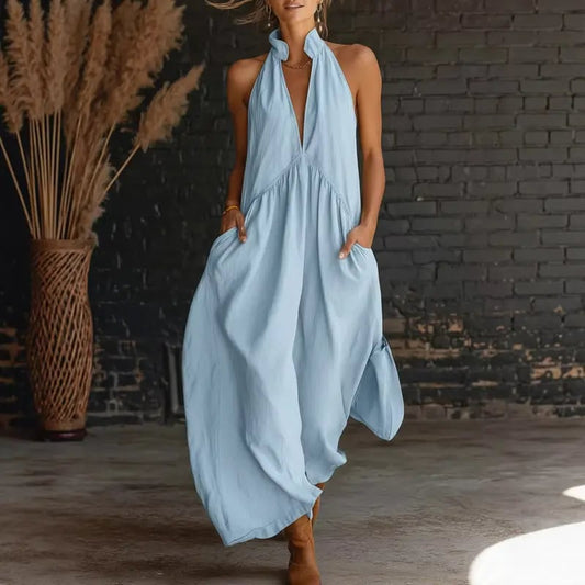 SolaraLuxe – Minimalist Halter Neck Maxi Dress