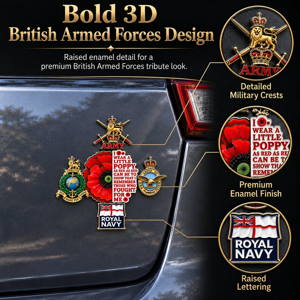 👑🌺British Armed Forces “Lest We Forget” Remembrance Poppy Tribute Metal Car Emblem