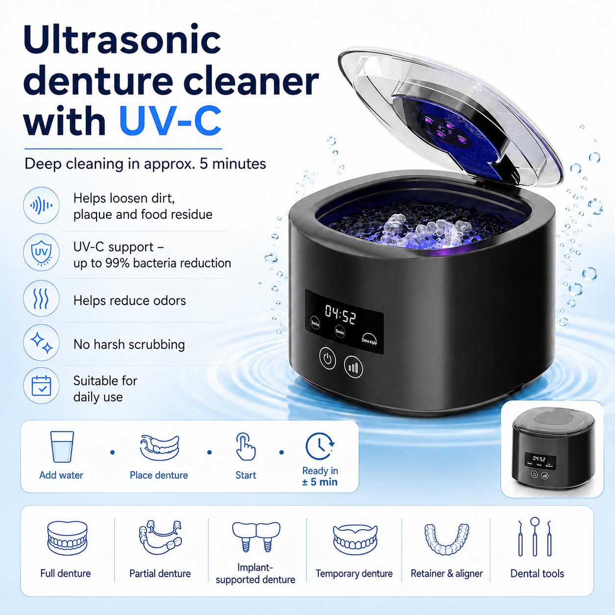 DentureGlow – Ultrasonic & UV-C Denture Cleaner