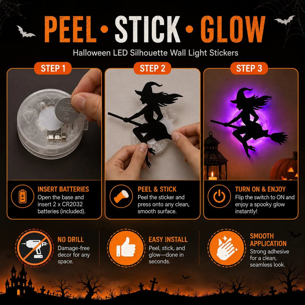 GlowHaunt – 30-Piece Halloween LED Silhouette Wall Sticker