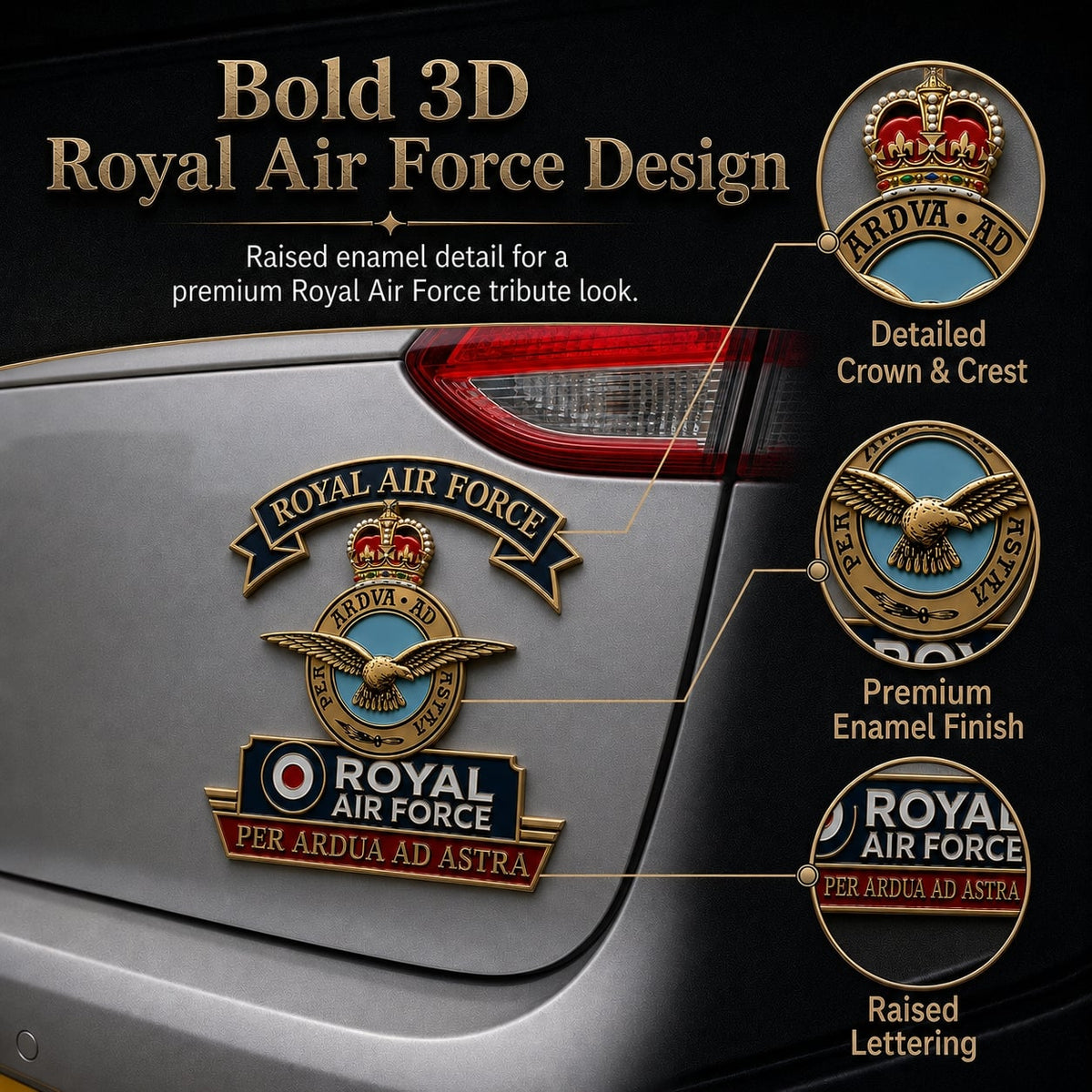 ✈️👑 Royal Air Force “Per Ardua Ad Astra” Tribute Metal Car Emblem