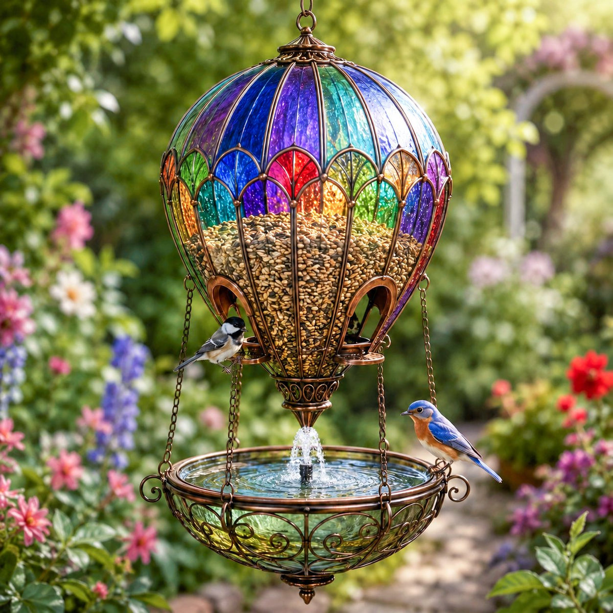AeroBloom – Colorful Hot Air Balloon Bird Feeder Fountain