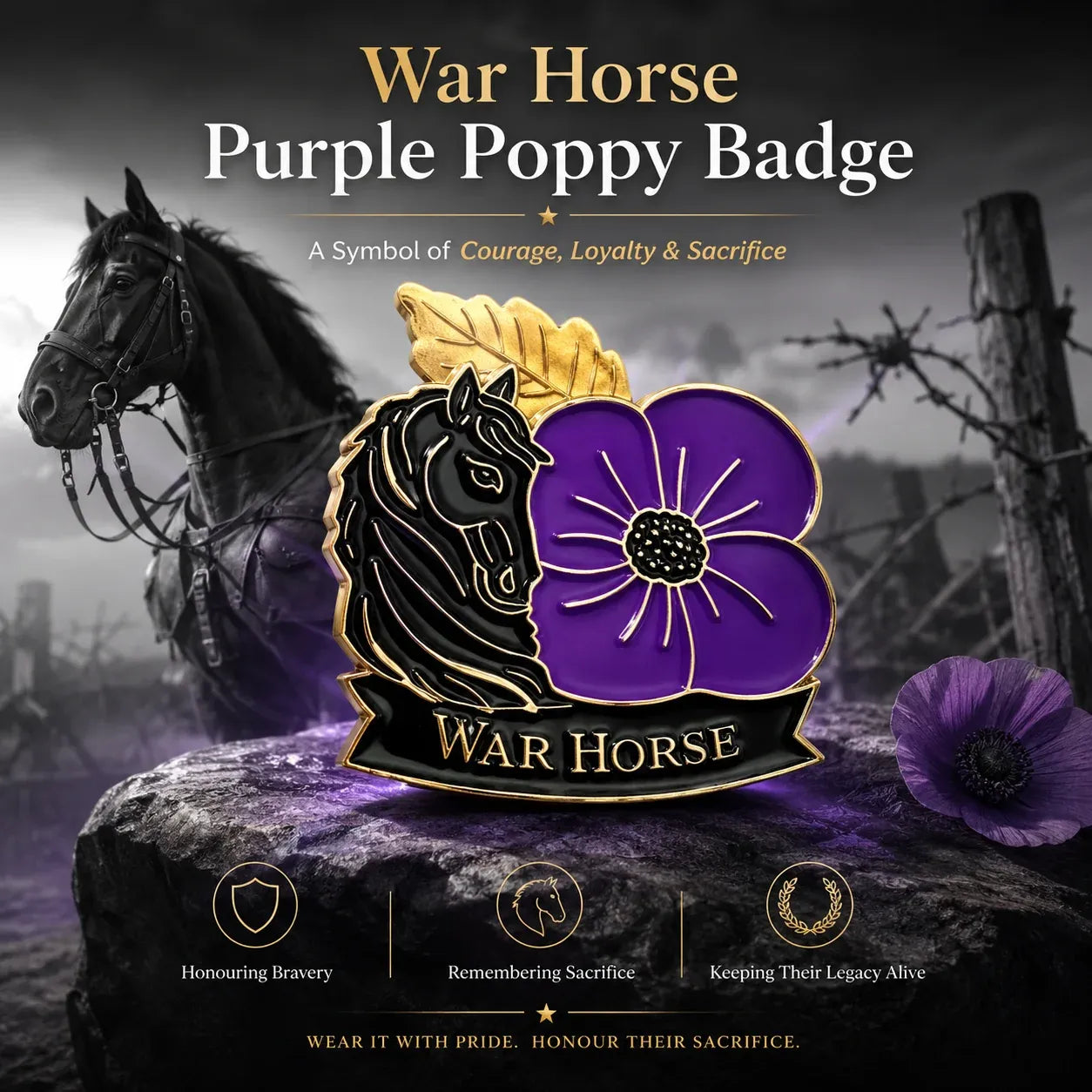 ReMemora – War Horse Purple Poppy Remembrance Brooch