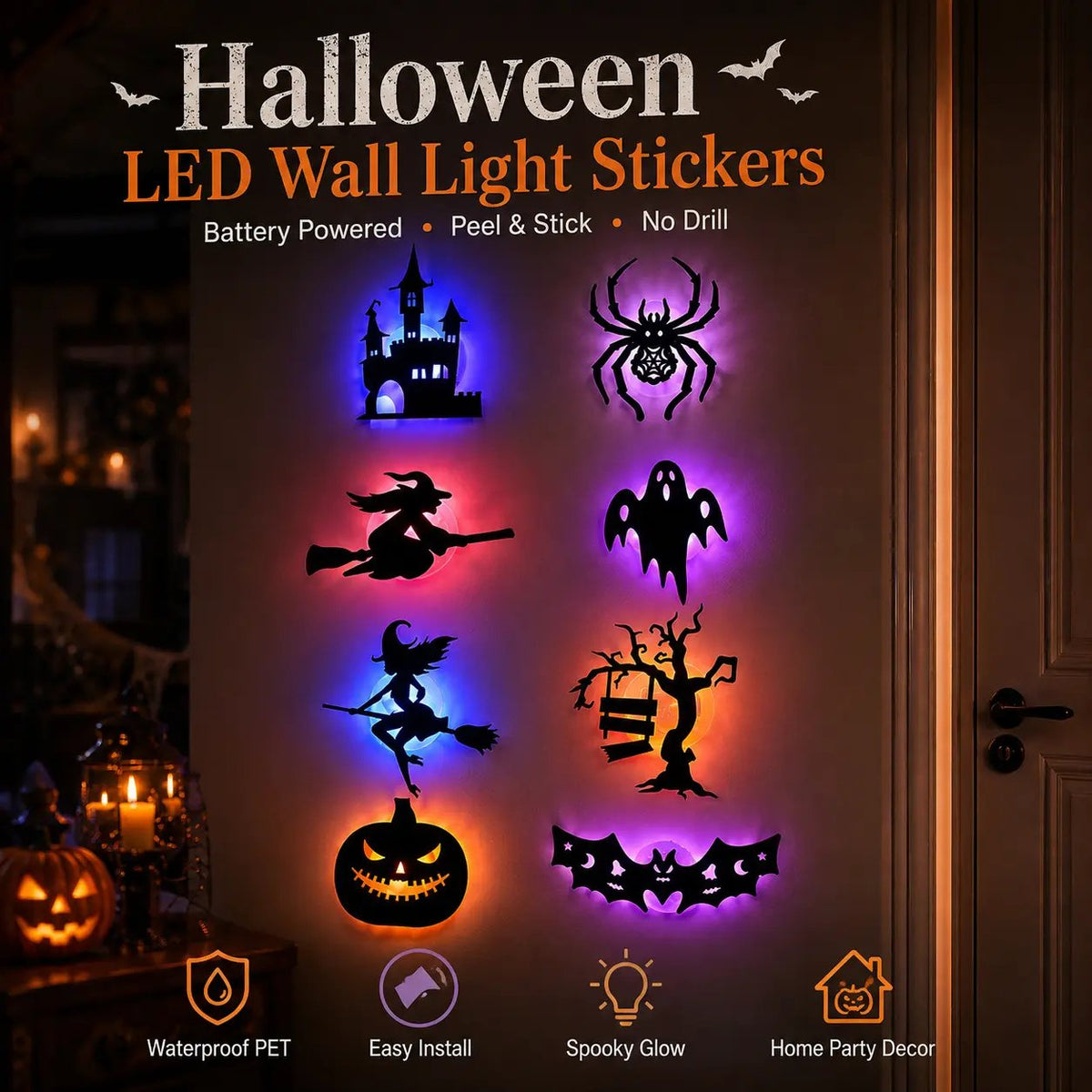 GlowHaunt – 30-Piece Halloween LED Silhouette Wall Sticker