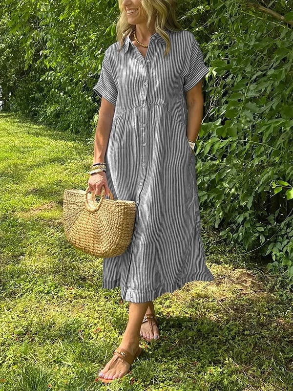 VeloraGrace – Striped Lapel Button-Down Maxi Dress