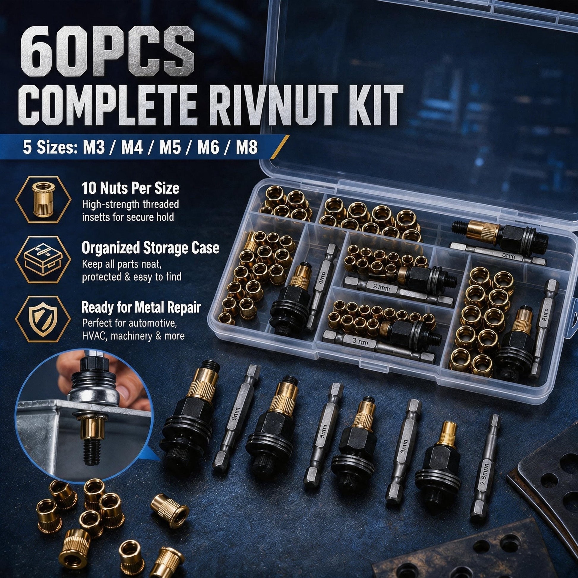 RivetPro – 60-Piece Carbon Steel Rivet Nut Set
