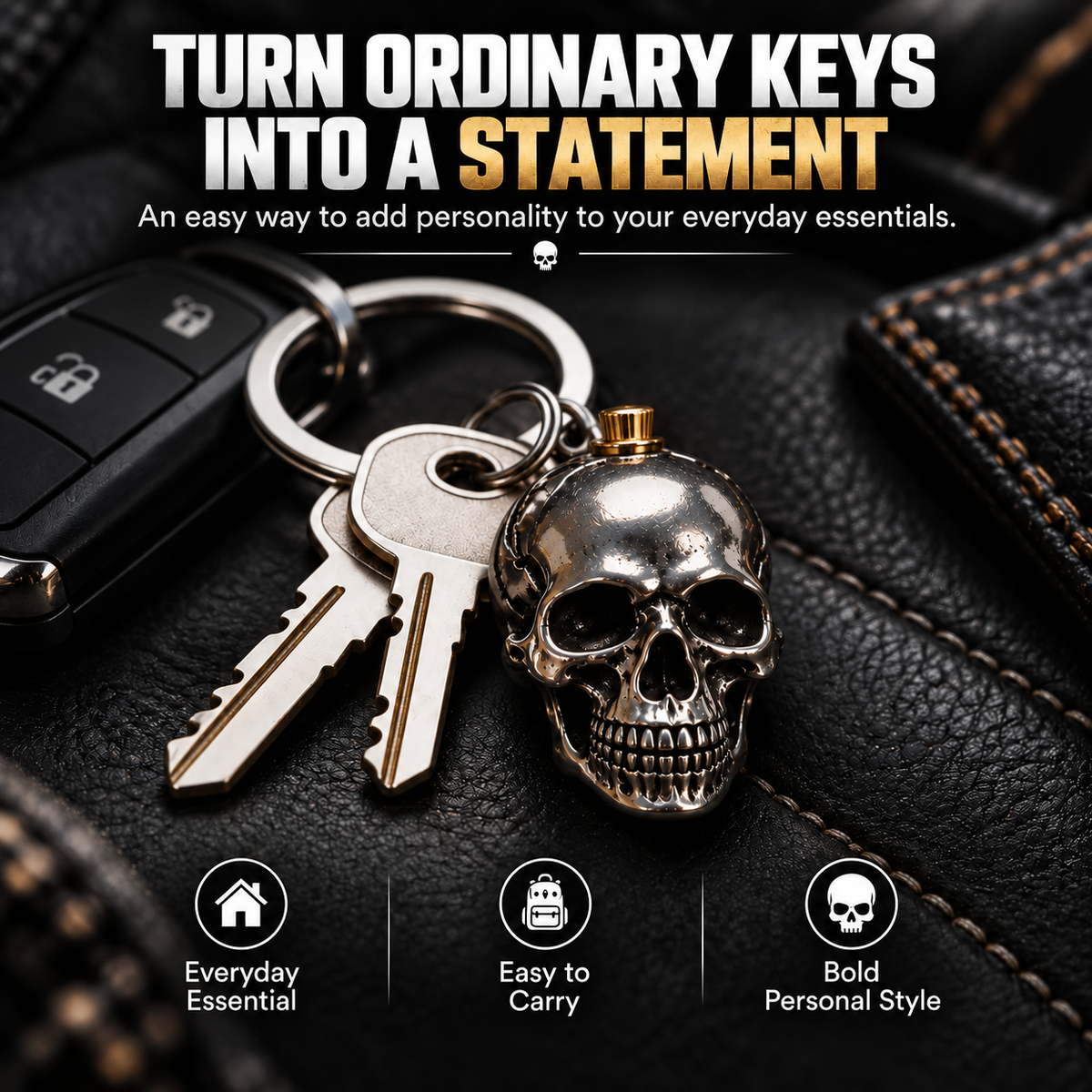 RavenSkull – Polished Metal Skull Keychain