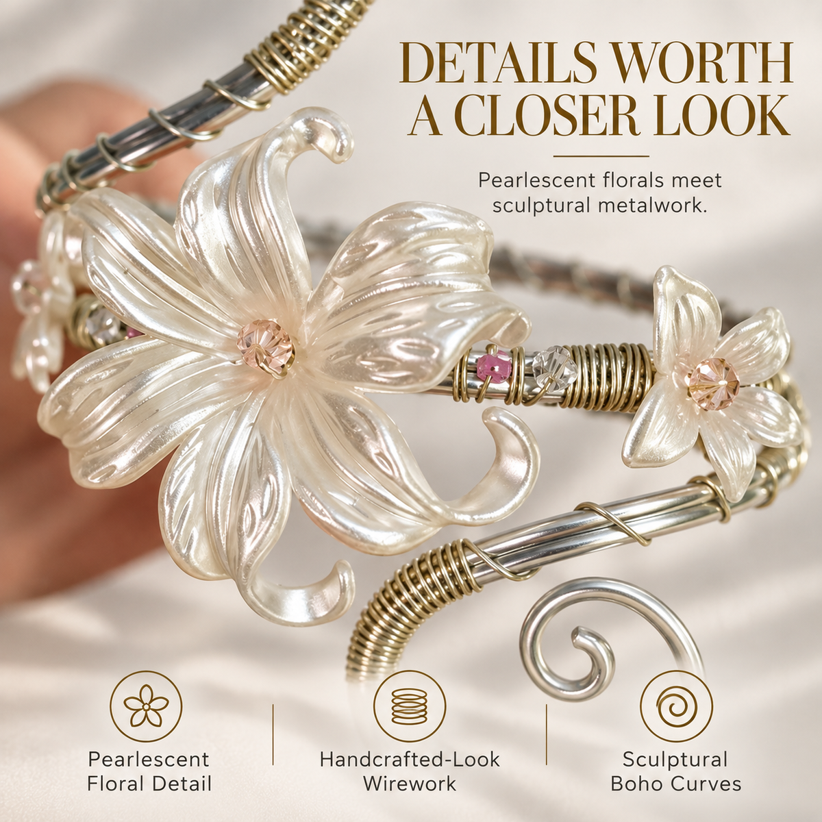 PetalOra – Boho Pearl Flower Upper Arm Cuff