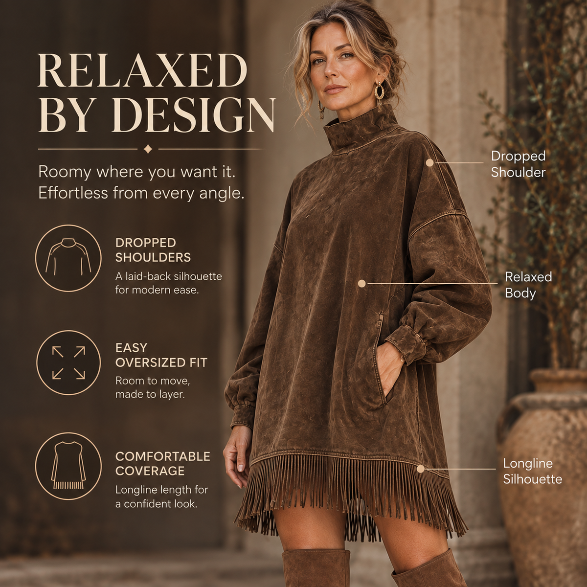 CanyonBelle – Women's Oversized Fringe Sweatshirt Dress