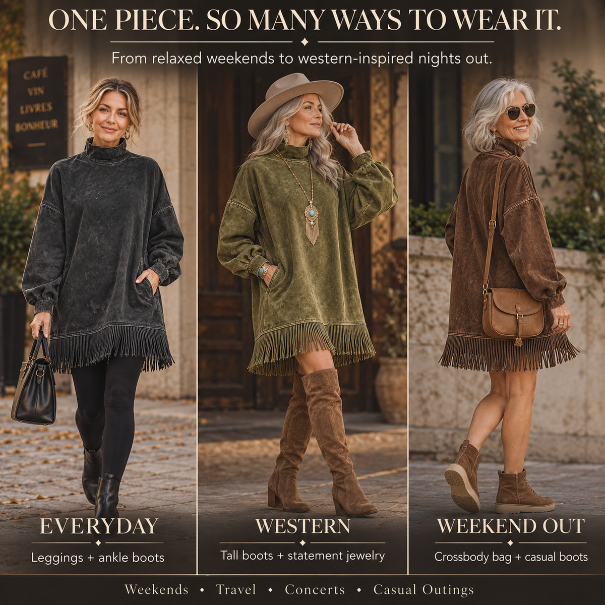 CanyonBelle – Women's Oversized Fringe Sweatshirt Dress