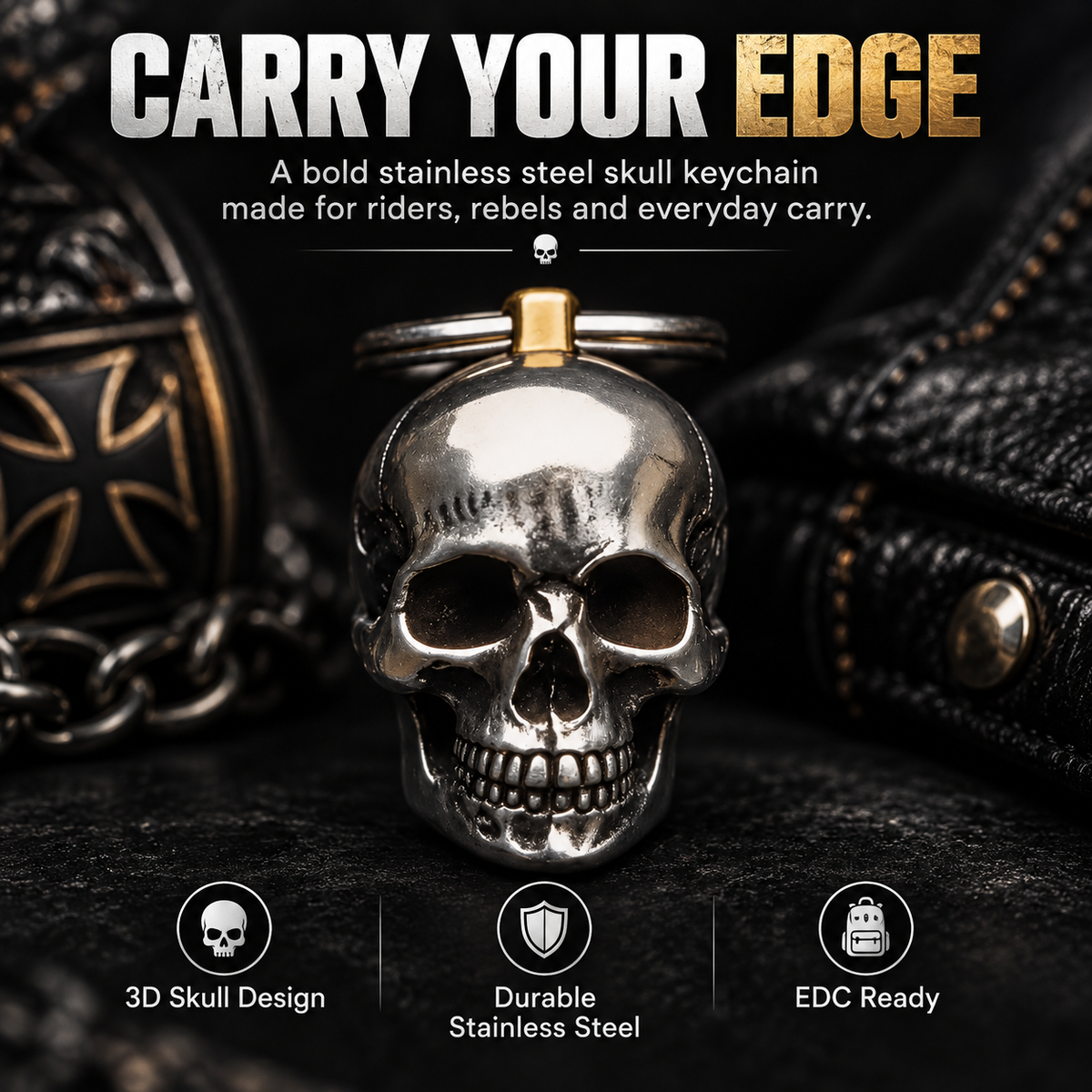 RavenSkull – Polished Metal Skull Keychain