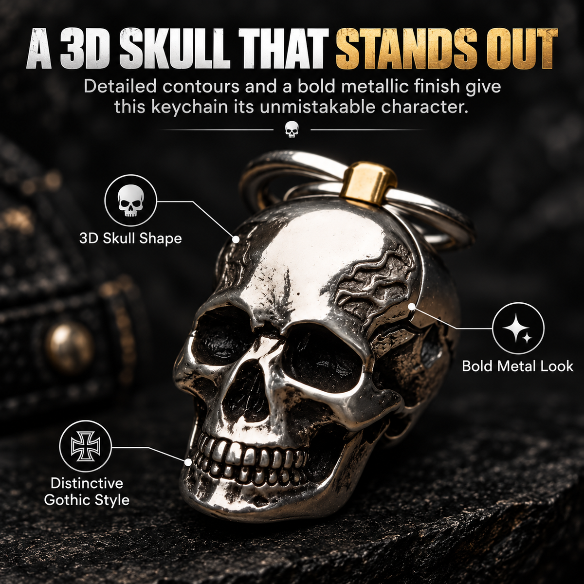 RavenSkull – Polished Metal Skull Keychain