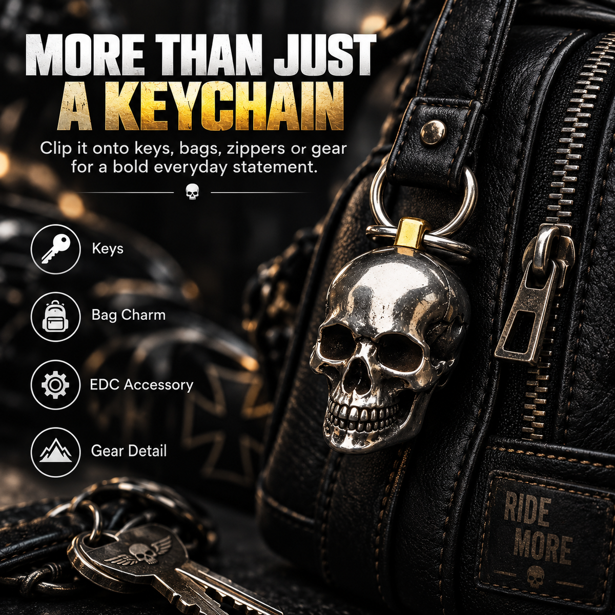RavenSkull – Polished Metal Skull Keychain