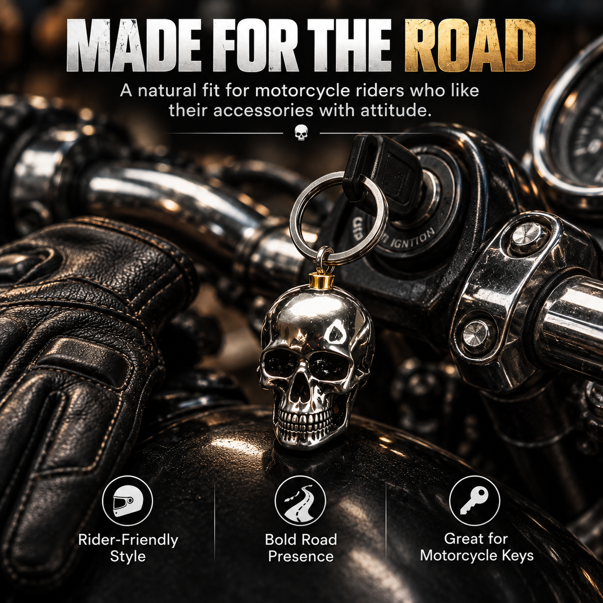 RavenSkull – Polished Metal Skull Keychain