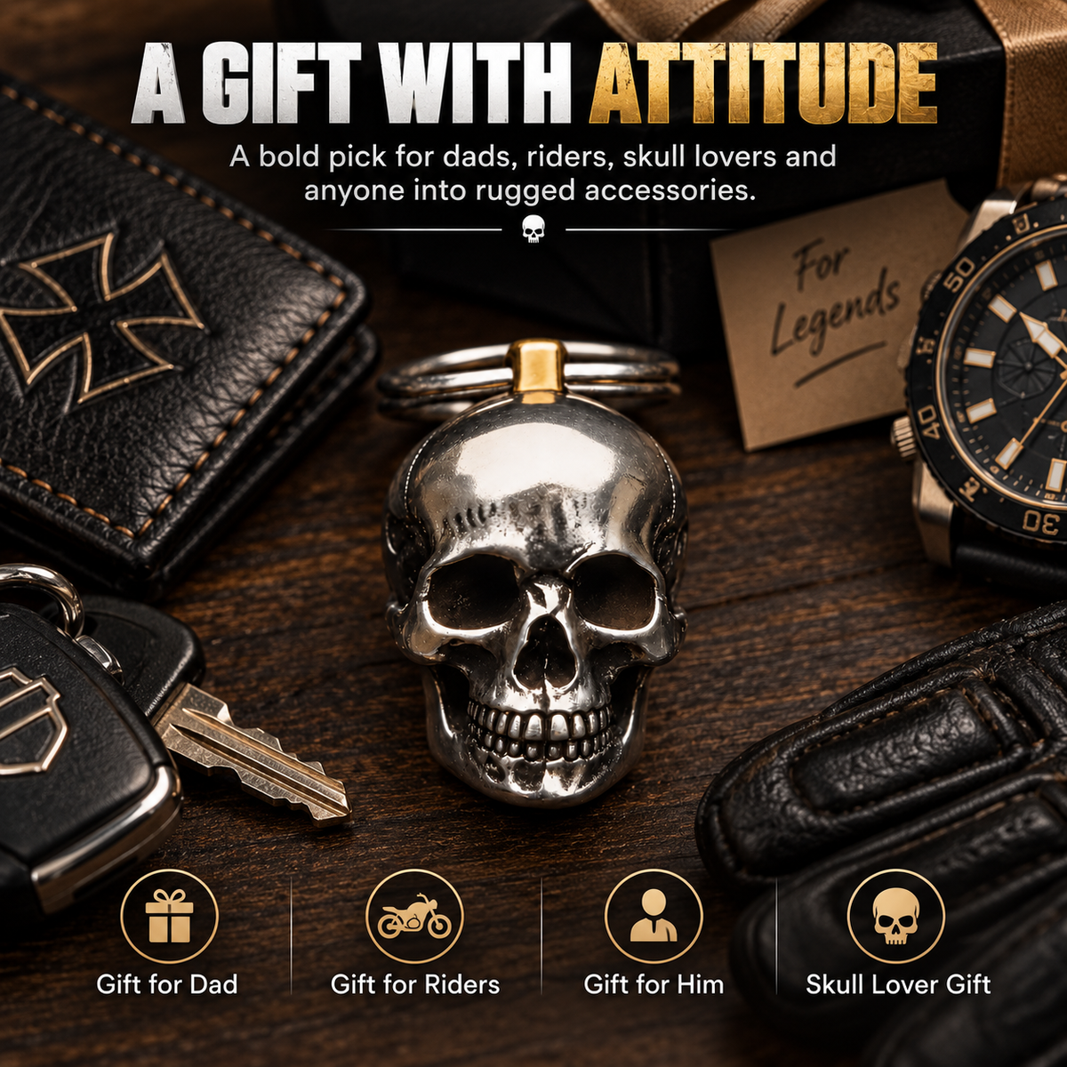 RavenSkull – Polished Metal Skull Keychain