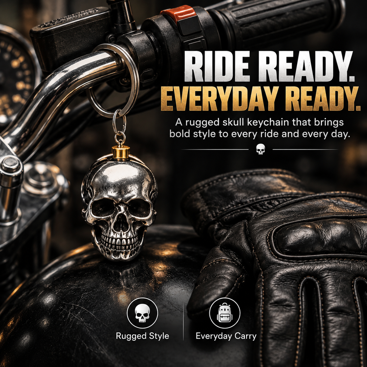RavenSkull – Polished Metal Skull Keychain