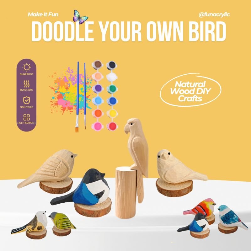 A colorful wooden bird craft kit with multiple painted bird figurines, paint, and brushes, perfect for DIY projects.