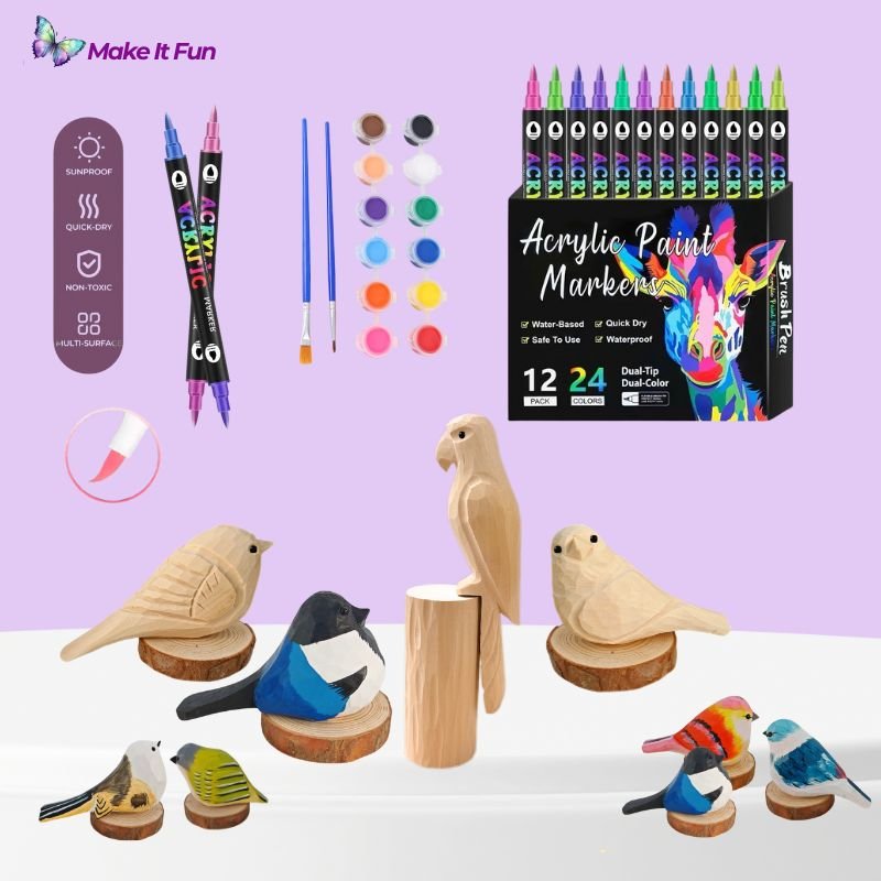 A wooden bird and marker craft kit including painted birds, acrylic paint markers, and art supplies, perfect for creative projects.
