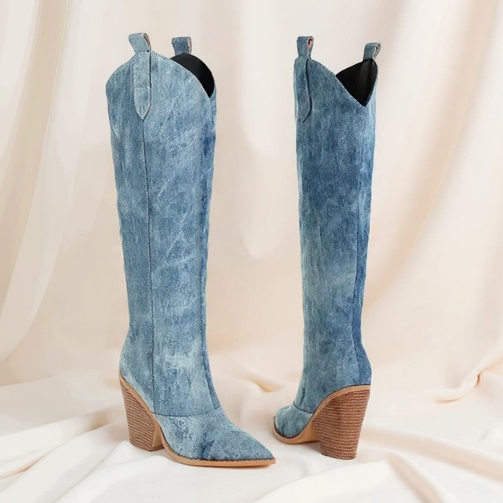 DenimOa – Luxe Denim Knee-High Wedge Boots