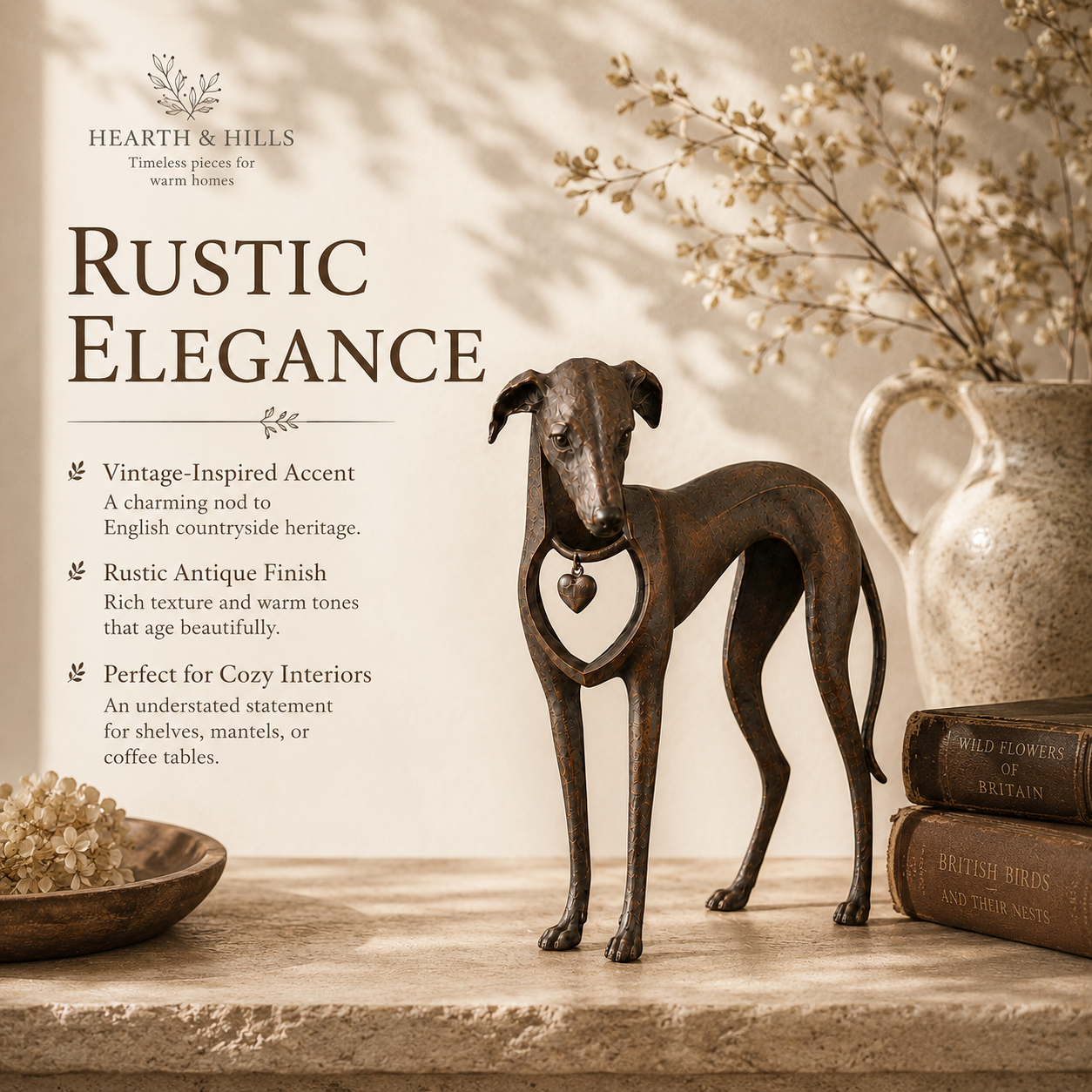 Heritage Heart Sighthound Sculpture – Vintage Iron Dog Accent for Timeless Interiors