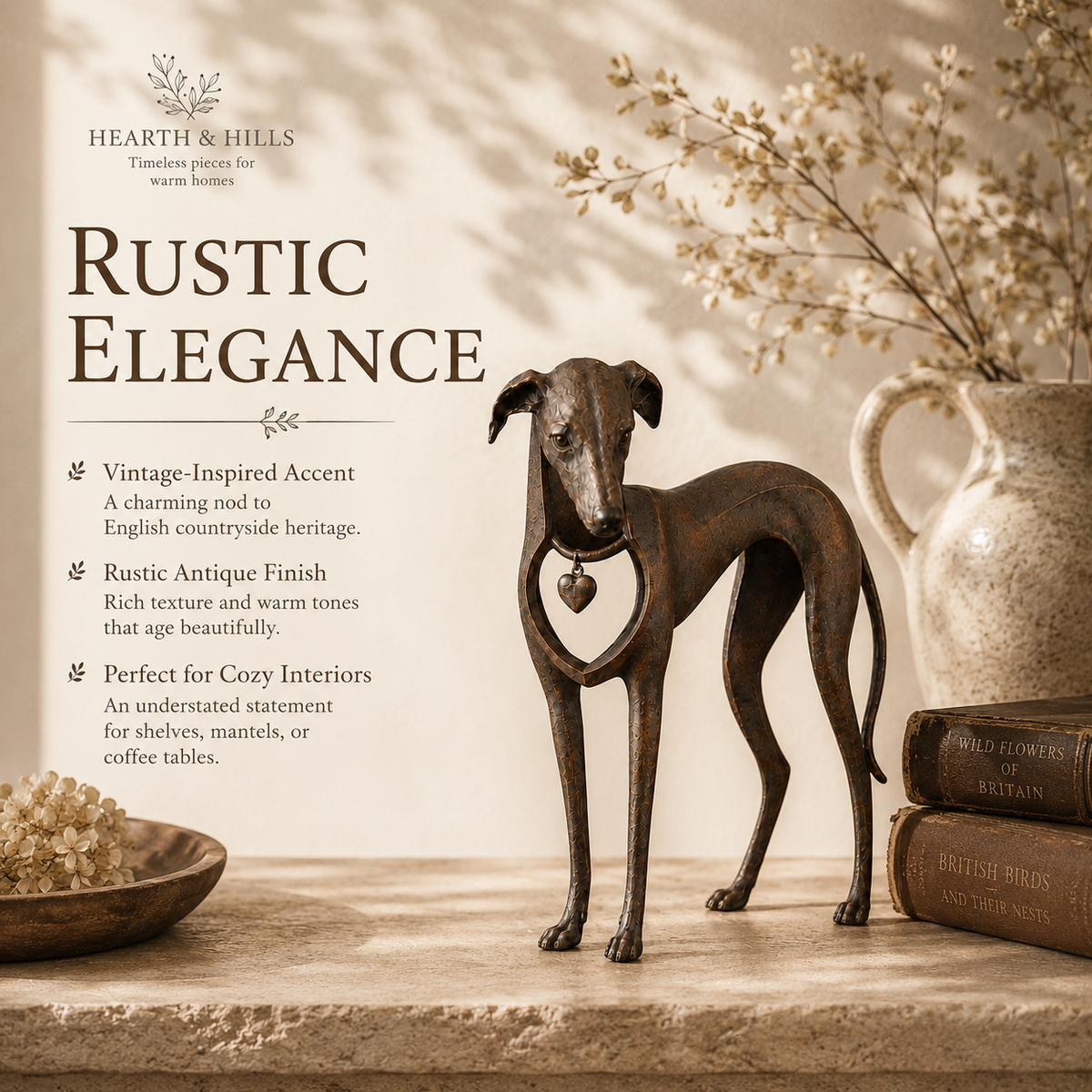 Heritage Heart Sighthound Sculpture – Vintage Iron Dog Accent for Timeless Interiors