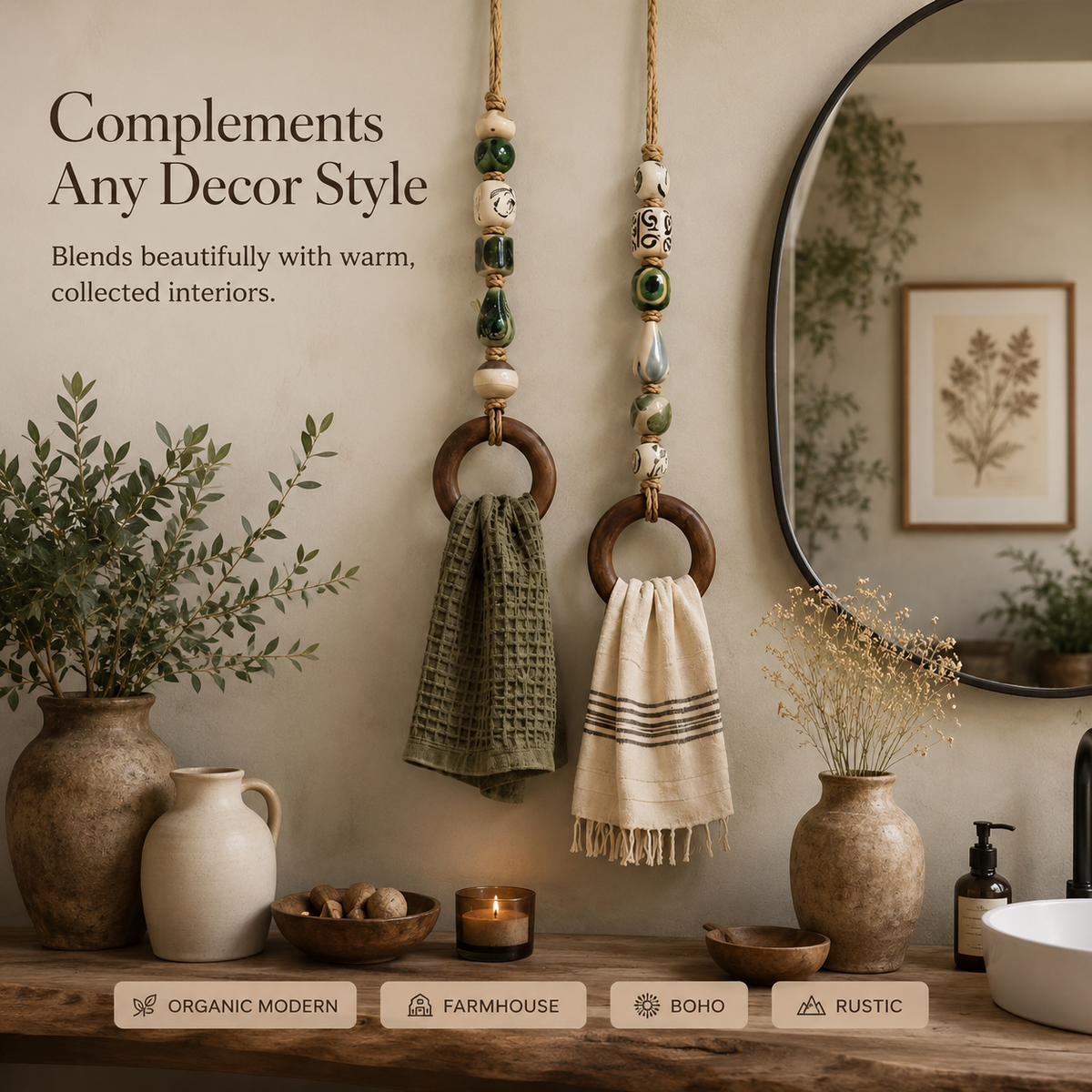 OakLienne – Decorative Beaded Wooden Towel Ring