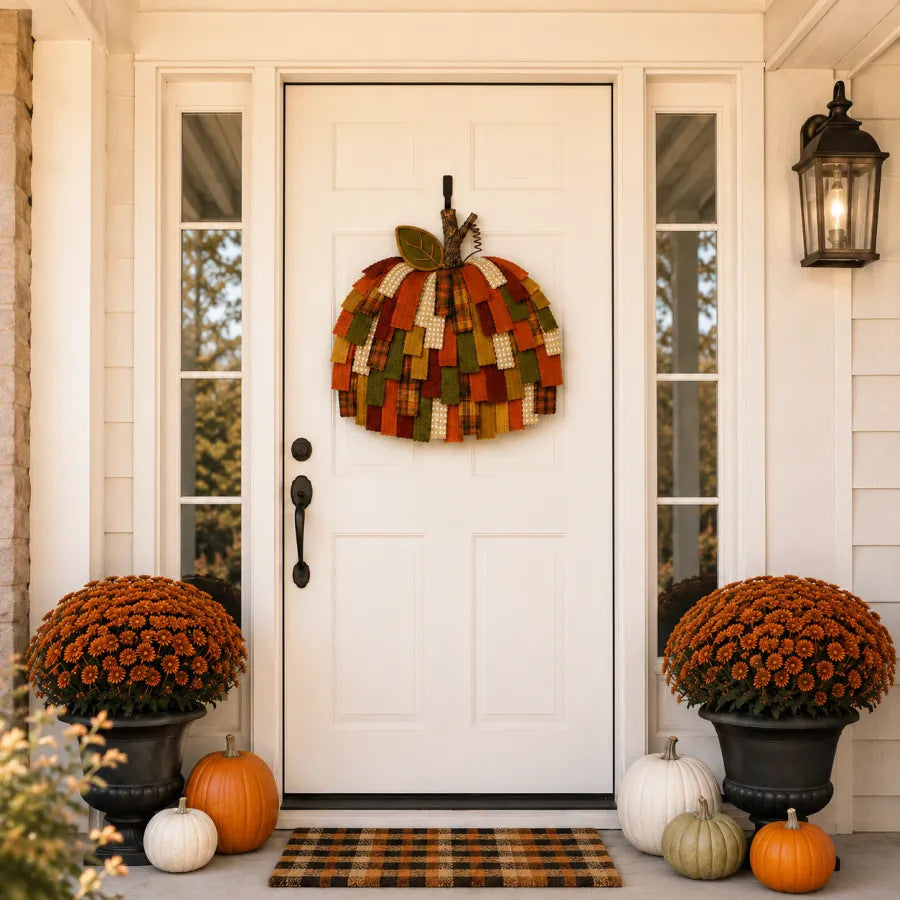 HarvestCharm – Patchwork Pumpkin Door Hanger