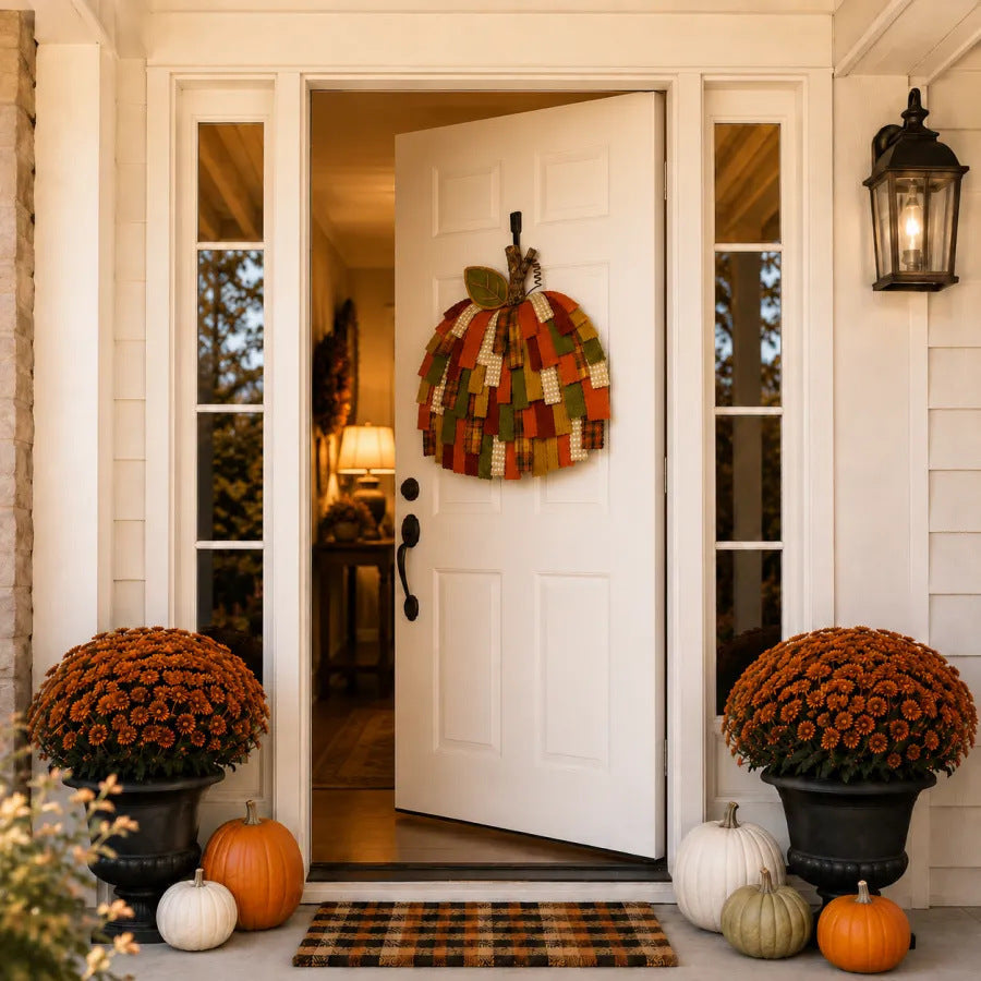 HarvestCharm – Patchwork Pumpkin Door Hanger