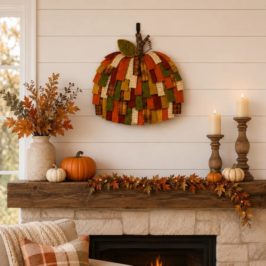 HarvestCharm – Patchwork Pumpkin Door Hanger