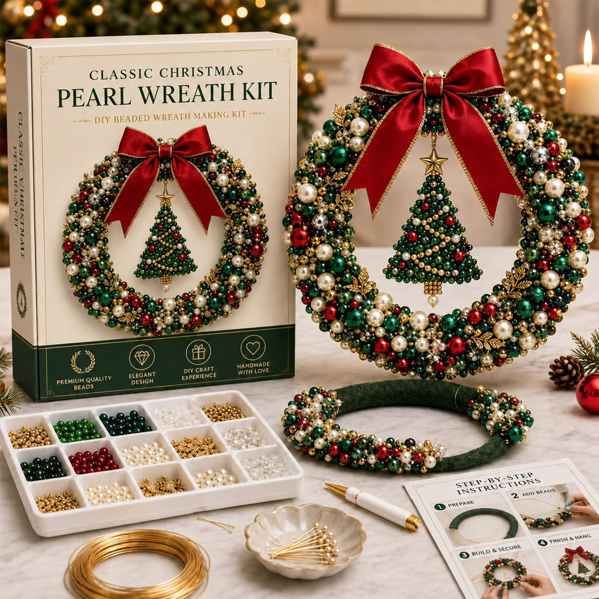FestiveGlow – DIY Pearl & Bead Christmas Wreath