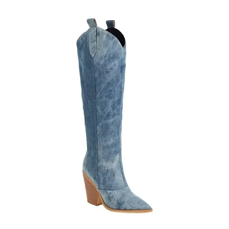 DenimOa – Luxe Denim Knee-High Wedge Boots