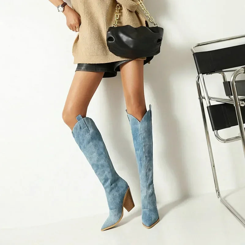 DenimOa – Luxe Denim Knee-High Wedge Boots
