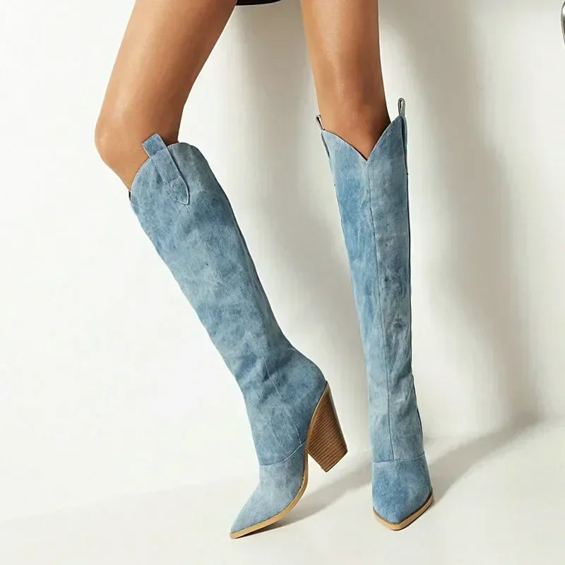 DenimOa – Luxe Denim Knee-High Wedge Boots