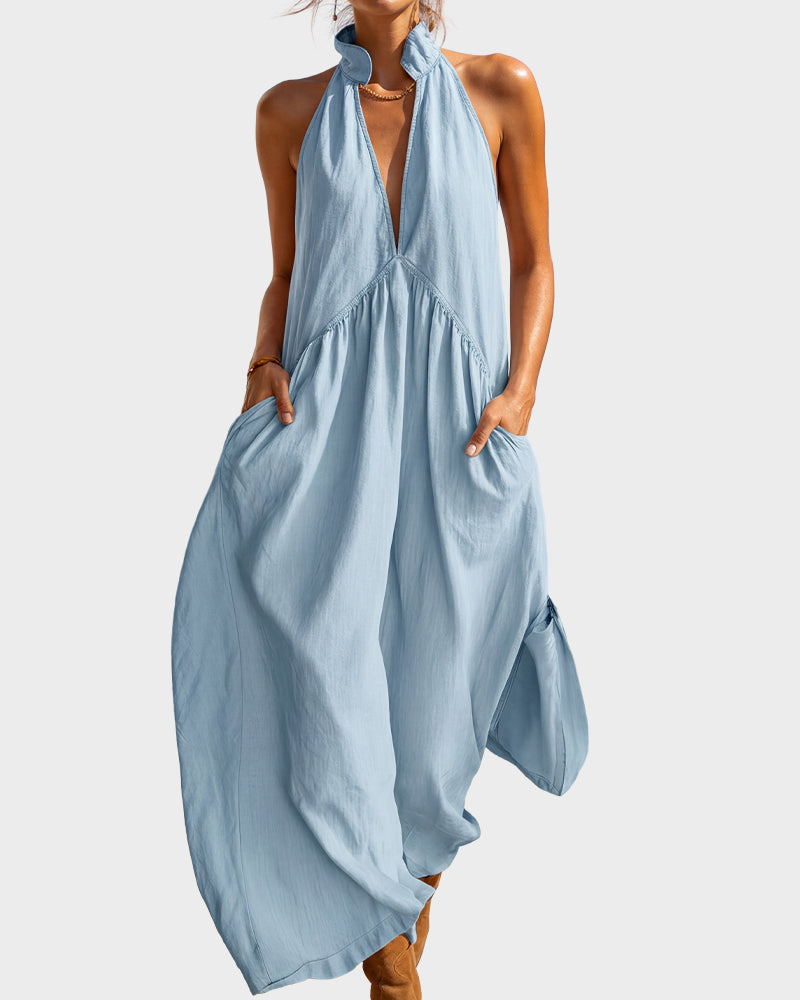 SolaraLuxe – Minimalist Halter Neck Maxi Dress