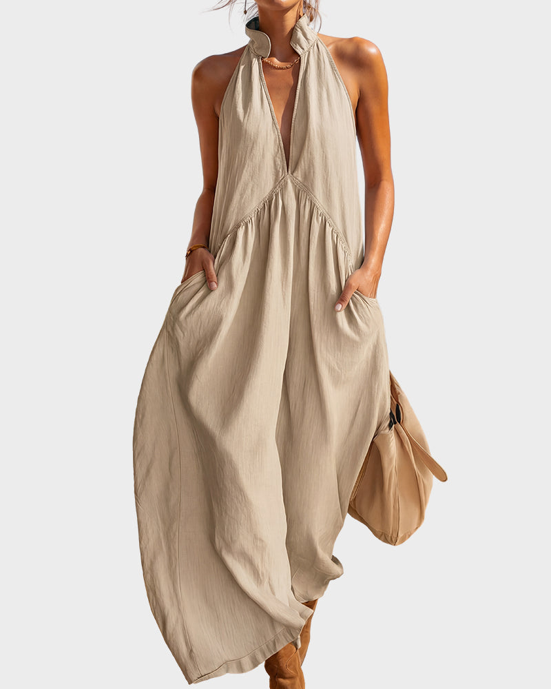 SolaraLuxe – Minimalist Halter Neck Maxi Dress