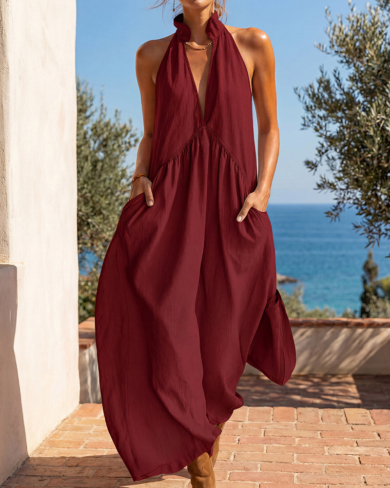 SolaraLuxe – Minimalist Halter Neck Maxi Dress