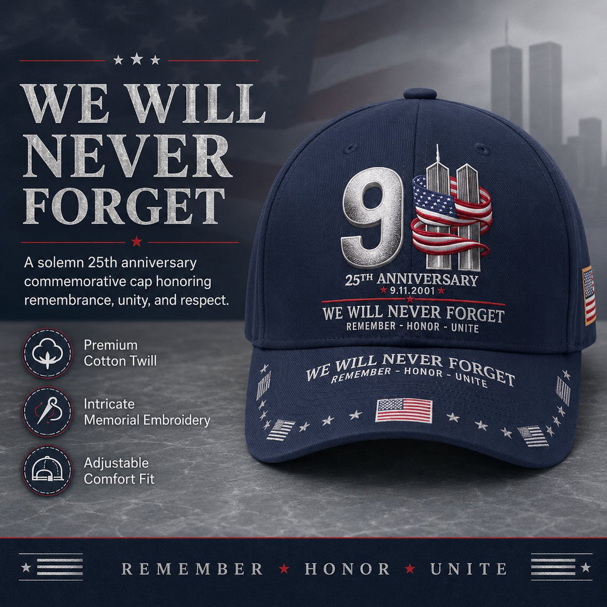 HonorCrest – 9/11 25th Anniversary Memorial Baseball Cap