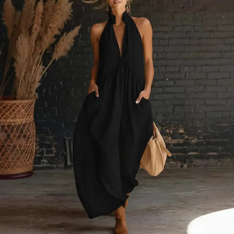 SolaraLuxe – Minimalist Halter Neck Maxi Dress