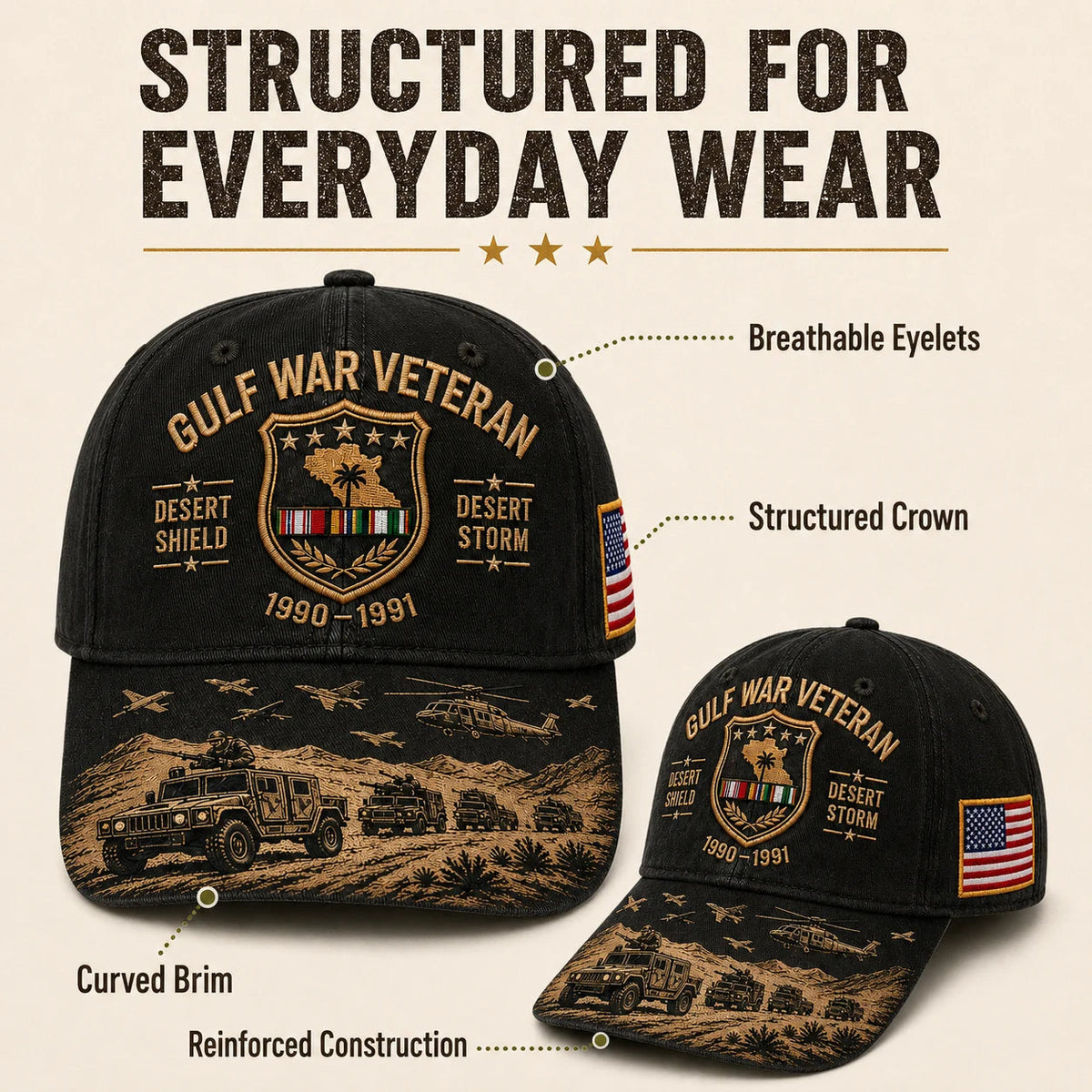 DesertValor – Gulf War Desert Storm Shield Veteran Cap