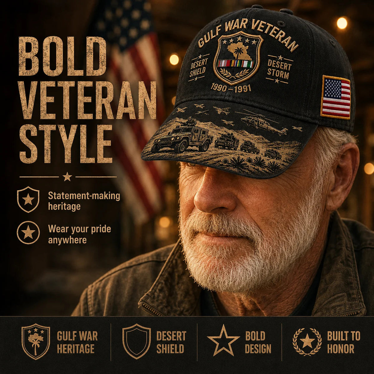 DesertValor – Gulf War Desert Storm Shield Veteran Cap