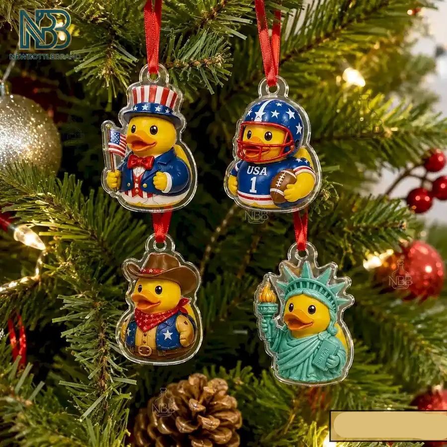 Four patriotic rubber duck Christmas tree ornaments hanging on branches