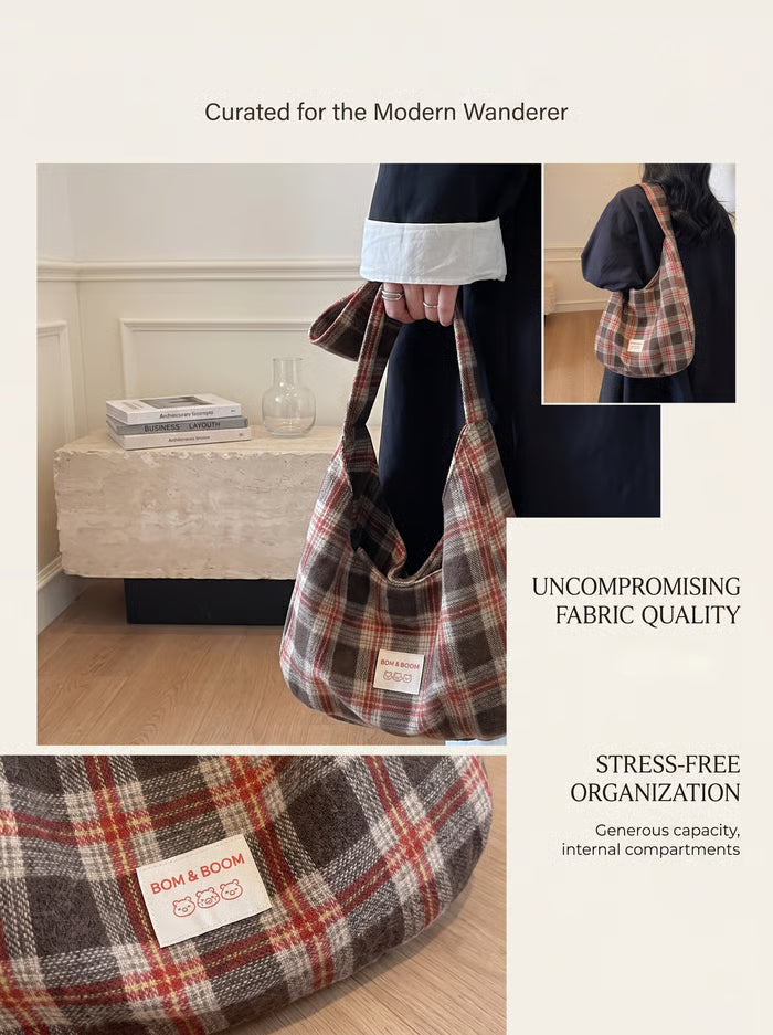 PlaidOra – Vintage Plaid Canvas 3-Way Carry Tote Bag