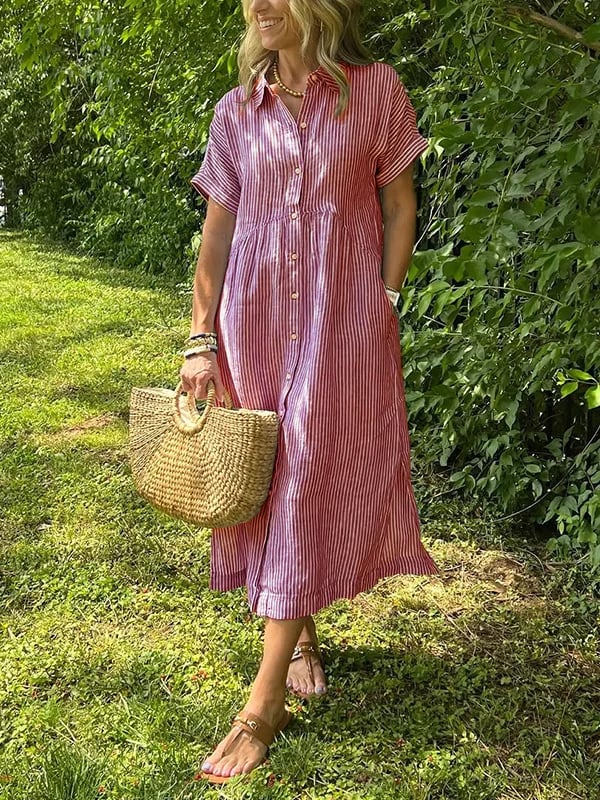 VeloraGrace – Striped Lapel Button-Down Maxi Dress