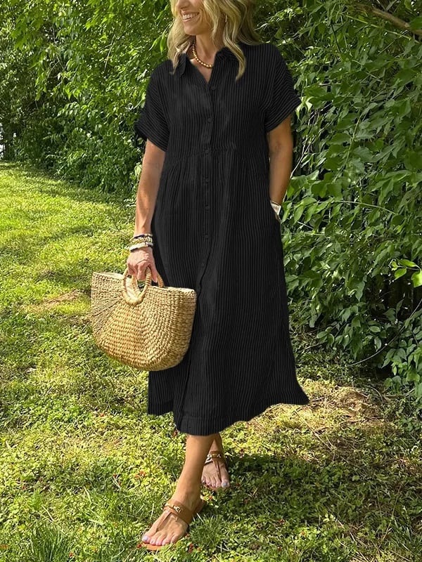 VeloraGrace – Striped Lapel Button-Down Maxi Dress