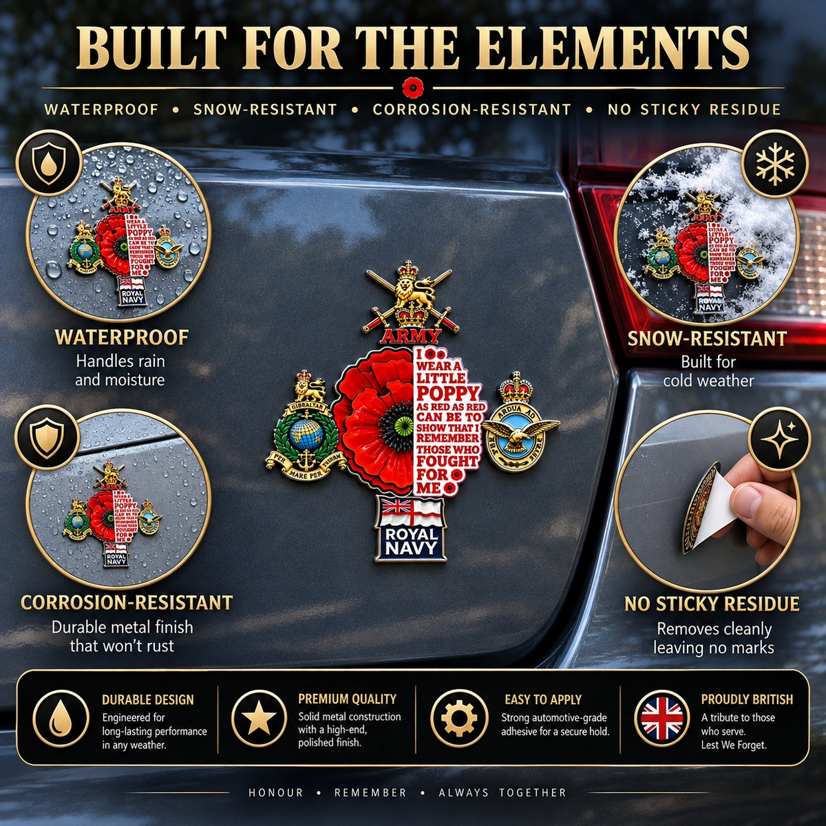👑🌺British Armed Forces “Lest We Forget” Remembrance Poppy Tribute Metal Car Emblem