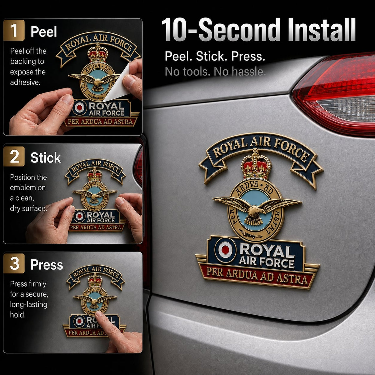 ✈️👑 Royal Air Force “Per Ardua Ad Astra” Tribute Metal Car Emblem