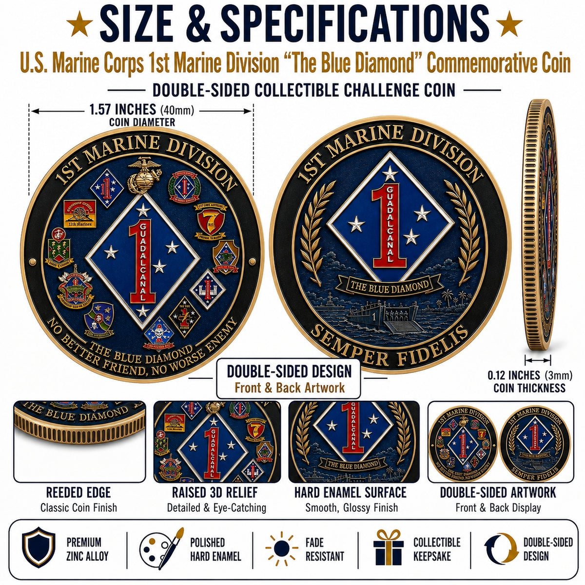 🔷U.S. Marine Corps 1st Marine Division “The Blue Diamond” Commemorative Coin（Gift box included）