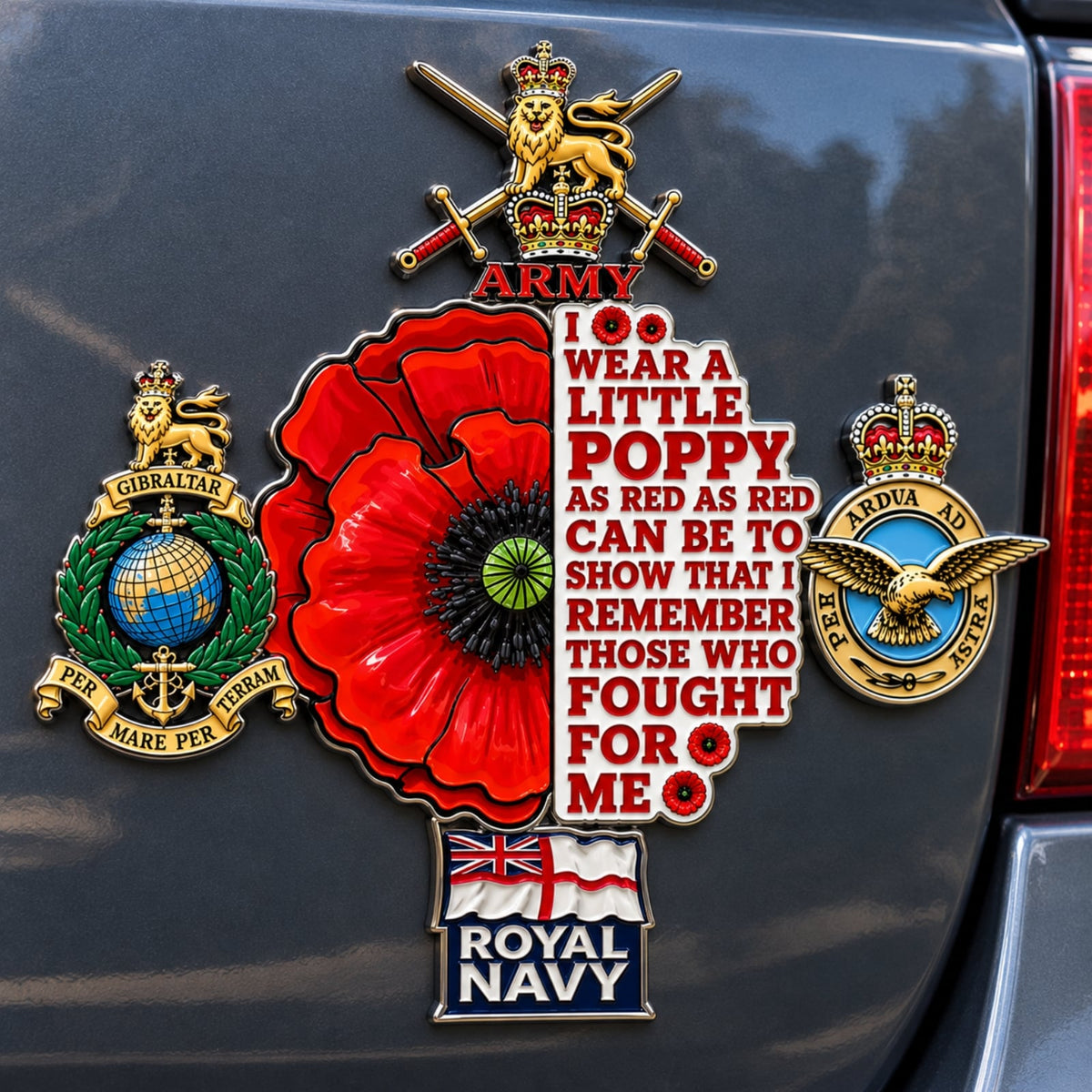 👑🌺British Armed Forces “Lest We Forget” Remembrance Poppy Tribute Metal Car Emblem