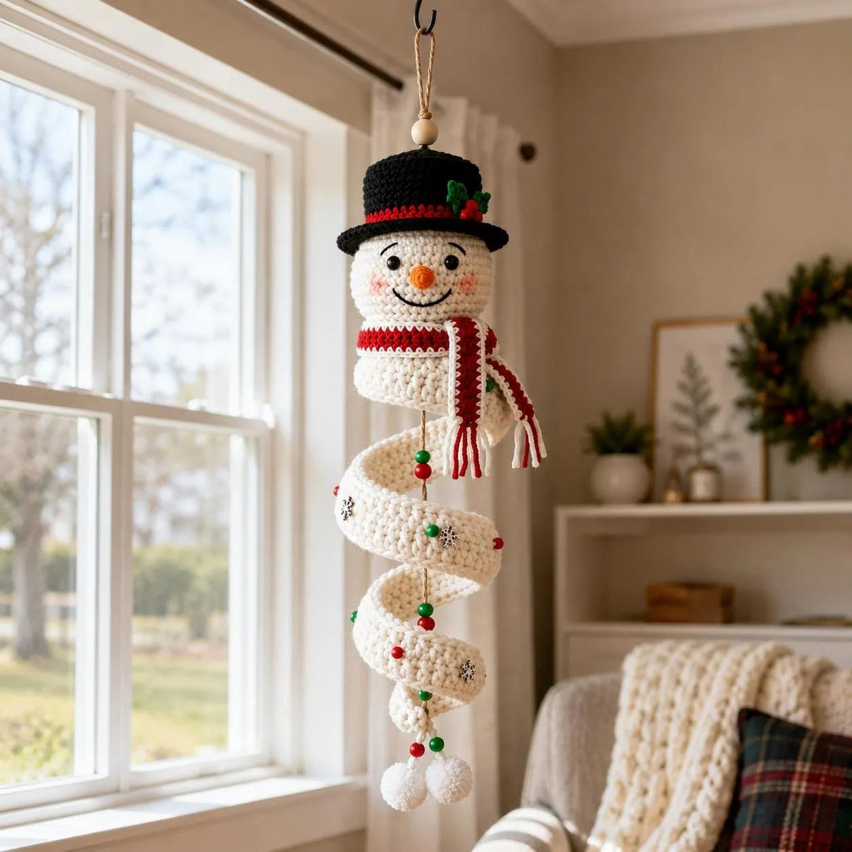 ☃️ Crochet Snowman Spiral Ornament DIY Kit | Complete Beginner-Friendly Set with Soft Yarn, Crochet Hook, Festive Beads, Snowflakes & Step-by-Step Guide 🧶🎄✨