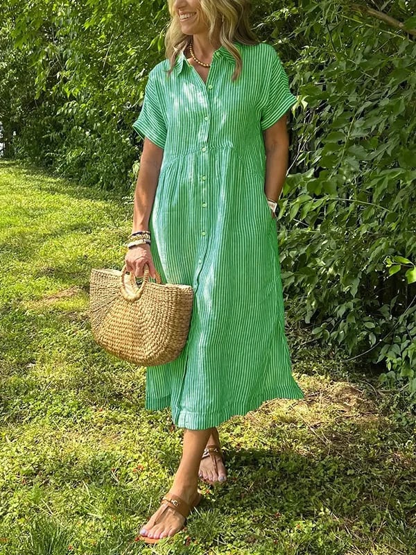 VeloraGrace – Striped Lapel Button-Down Maxi Dress